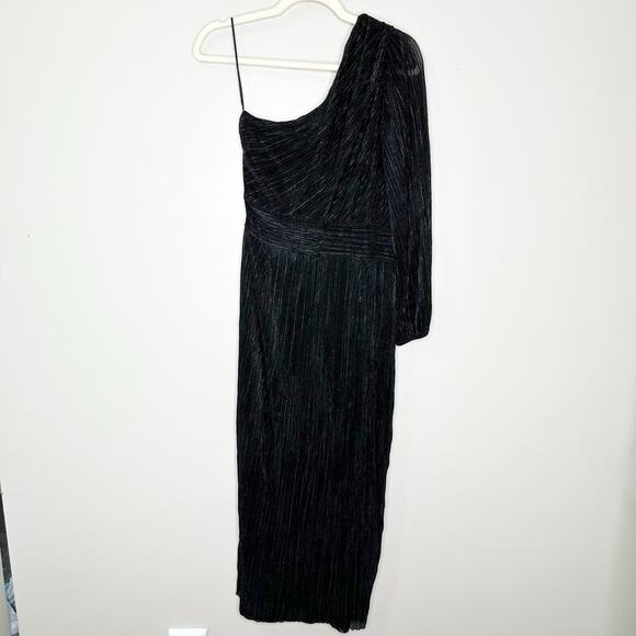 Saylor Midi Dress Alora Plissé One Shoulder SlitHem Black Metallic Size M0 - Picture 3 of 8